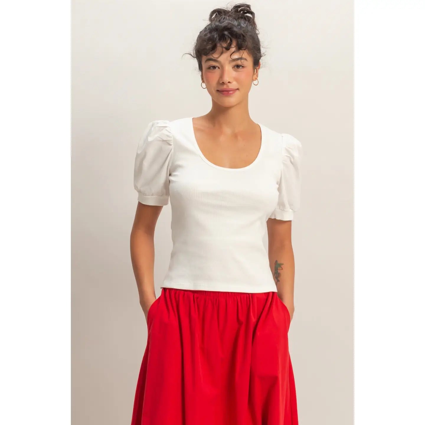 White Puff Sleeve Scoop Neck Fitted Top