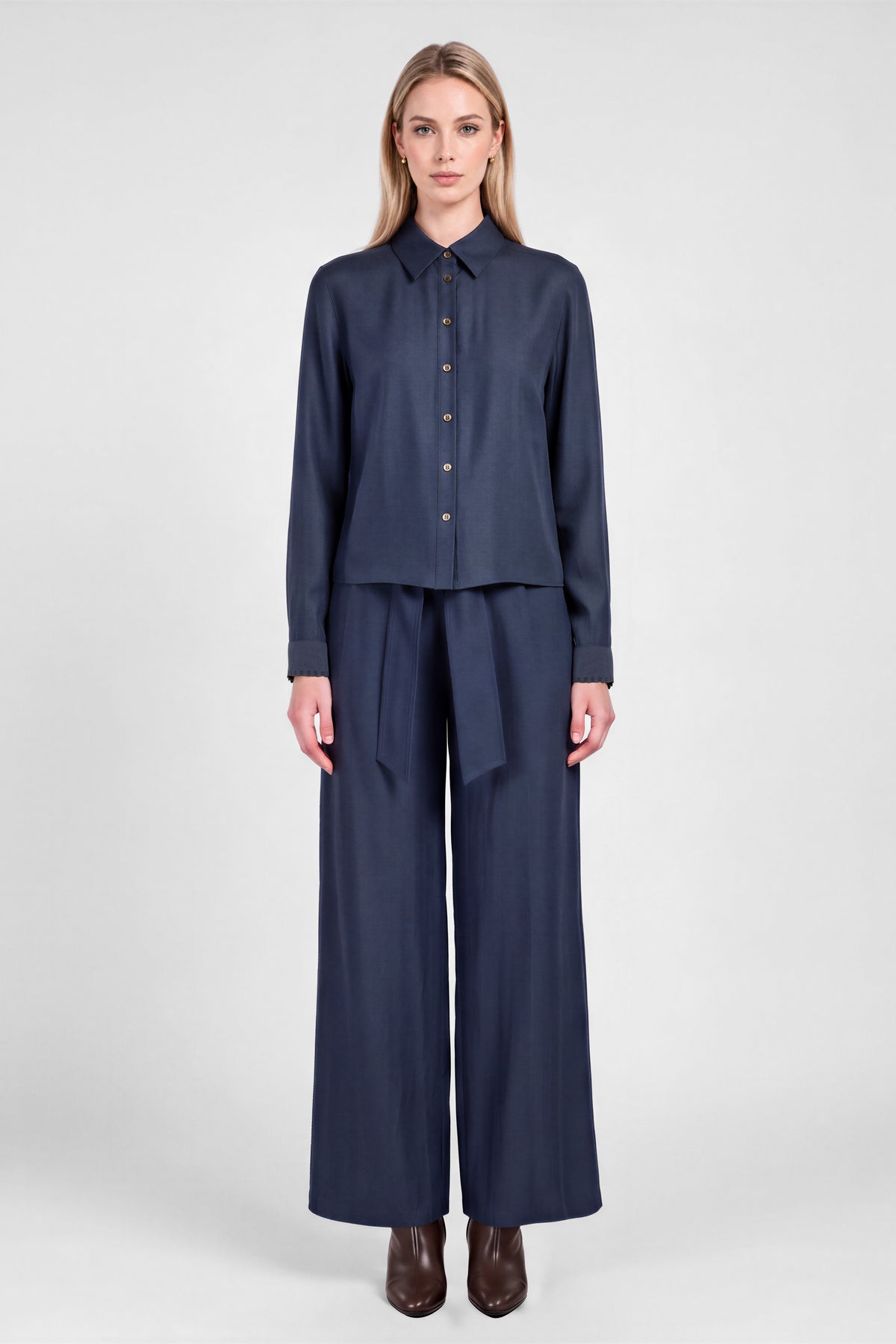 Navy Cropped Button Down