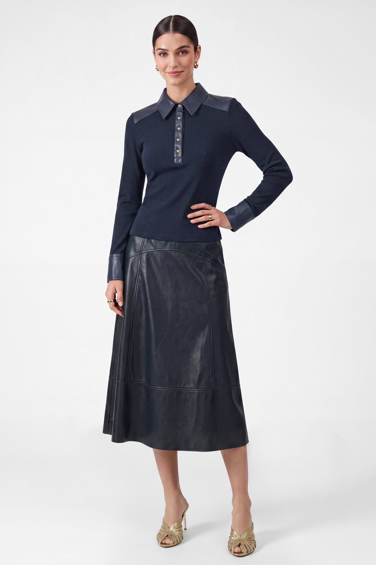 Navy Ribbed Vegan Leather Polo