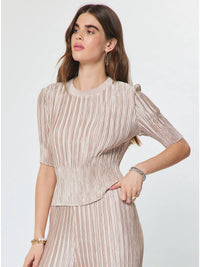Pleated Textured Short Sleeve Knit Top Pink