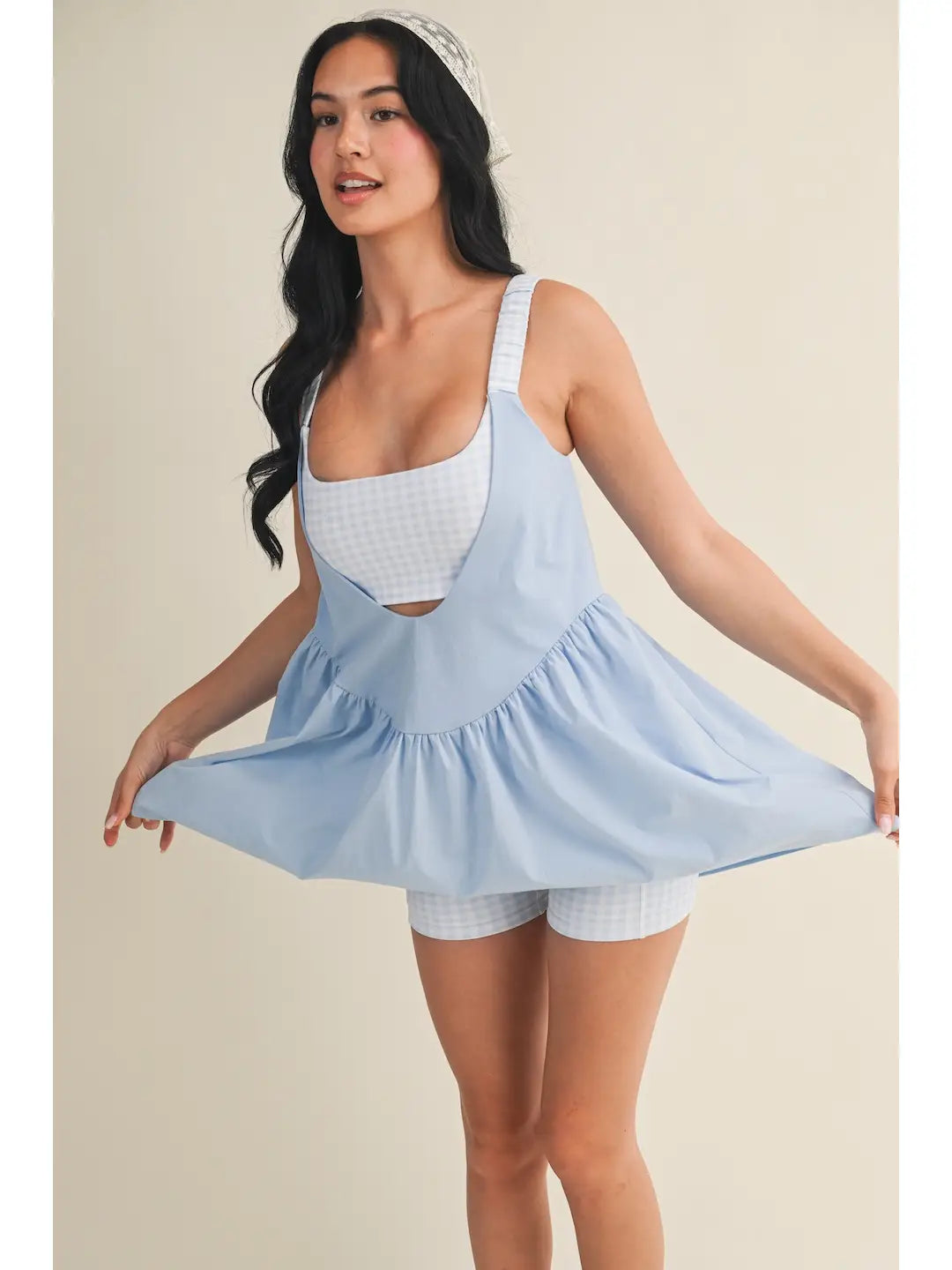 Light Blue Gingham Romper with Babydoll Overlay Dress, M