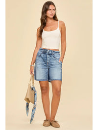 High Rise Elastic Waist Denim Shorts in Vintage Wash