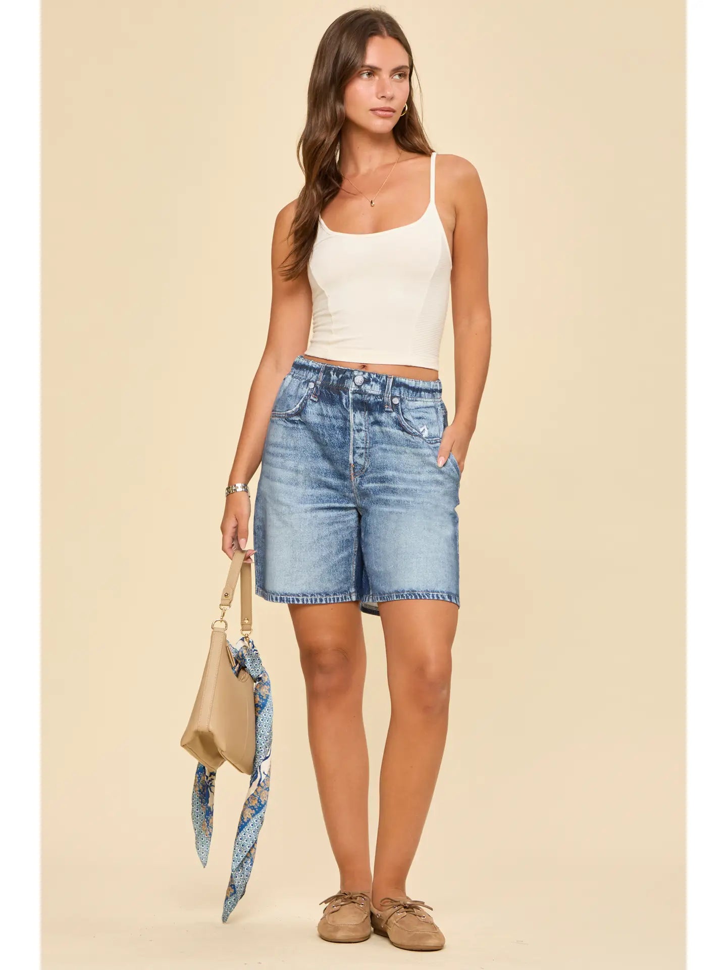 High Rise Elastic Waist Denim Shorts in Vintage Wash