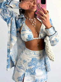 Blue Toile Print Three-Piece Skirt Set
