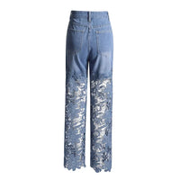 High-Waisted Denim Pants with Floral Lace Cutout Panels