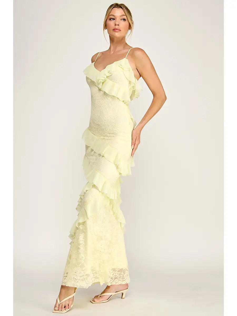 Light Yellow Lace Ruffle Strap Maxi Dress