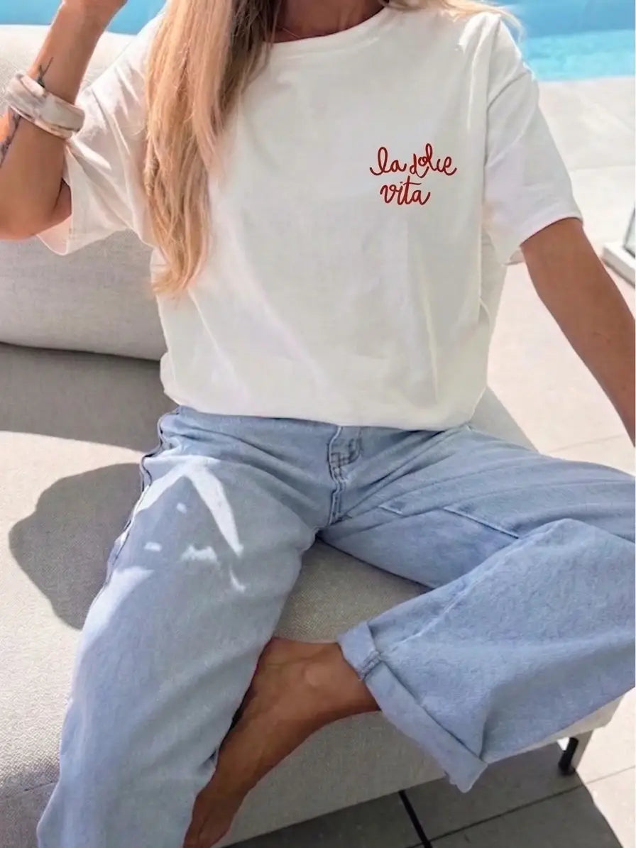 White La Dolce Vita Graphic T-Shirt with Red Script Print