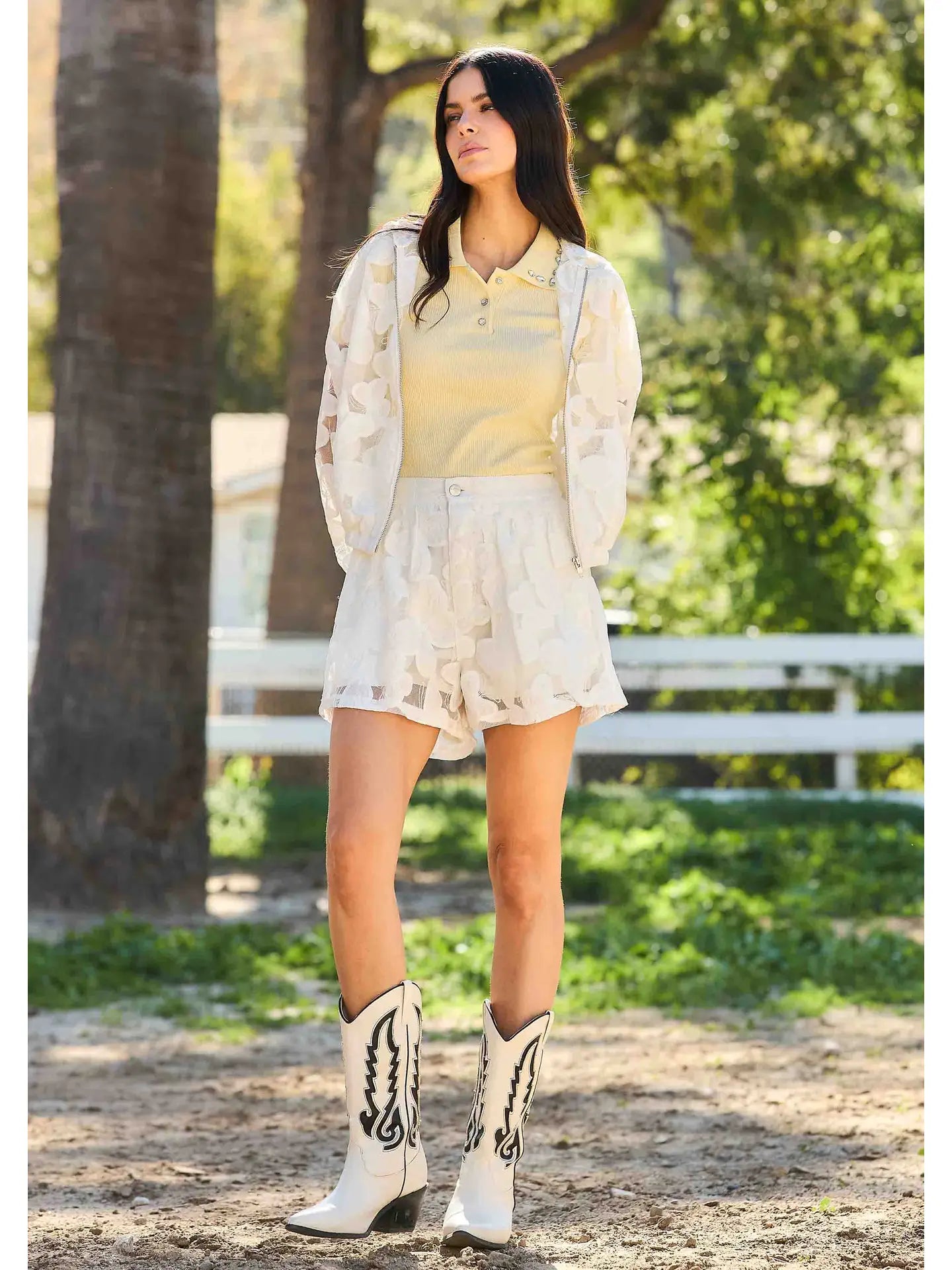 Butterfly Lace Sheer Zip Jacket and High Waisted Shorts Set