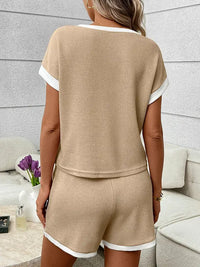 Ribbed Contrast Trim Tee & Shorts Lounge Set