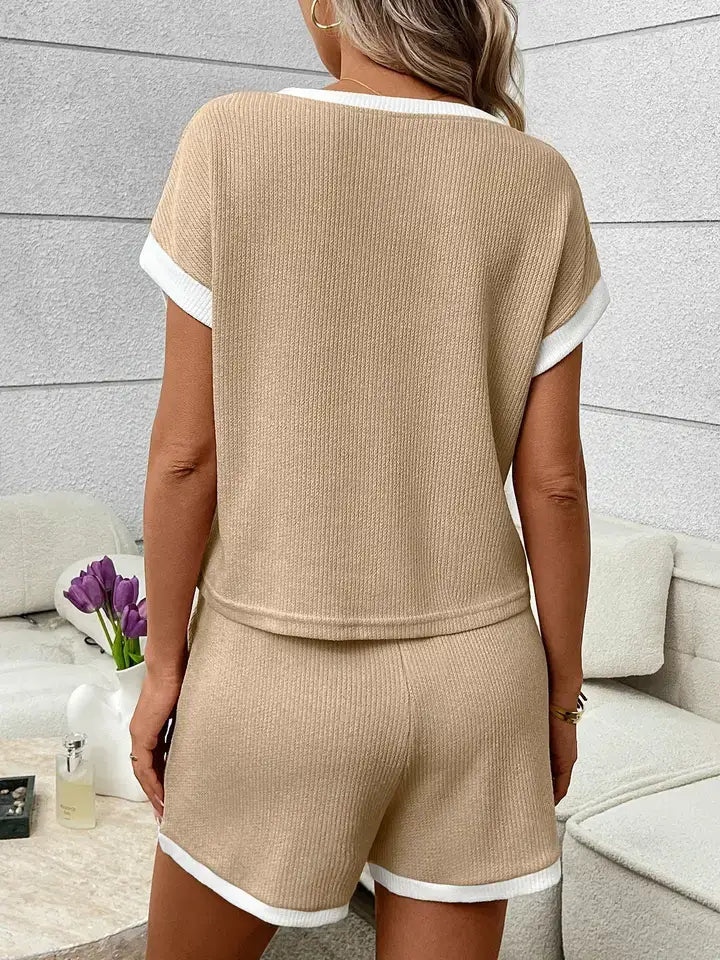 Ribbed Contrast Trim Tee & Shorts Lounge Set