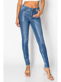 Sequin Mesh Overlay High-Waisted Jeggings Medium Blue
