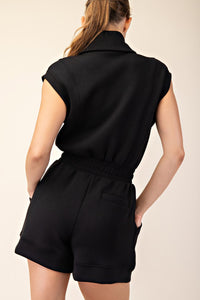 Black Zip Front Sleeveless Sweatshirt Romper