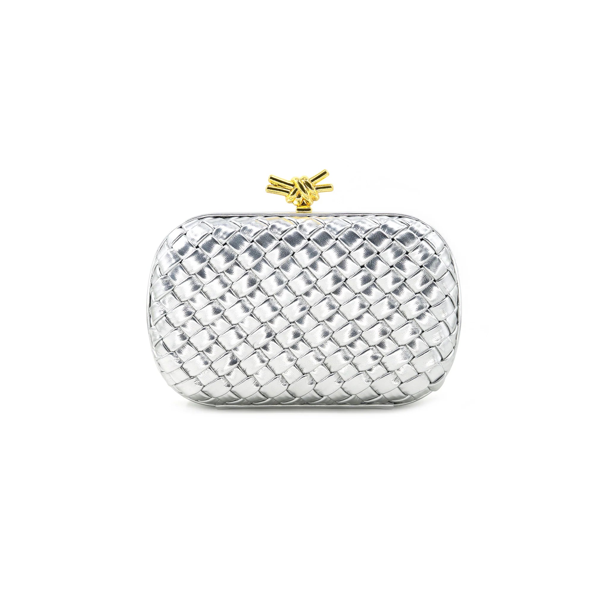 Silver Woven Metallic Clutch with Gold Knot Clasp