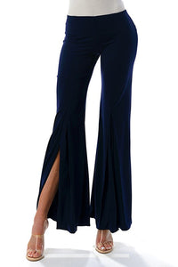 Navy Blue High-Waist Flare Pants with Side Slit Detail