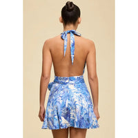 Blue Tropical Print Halter Wrap Mini Dress