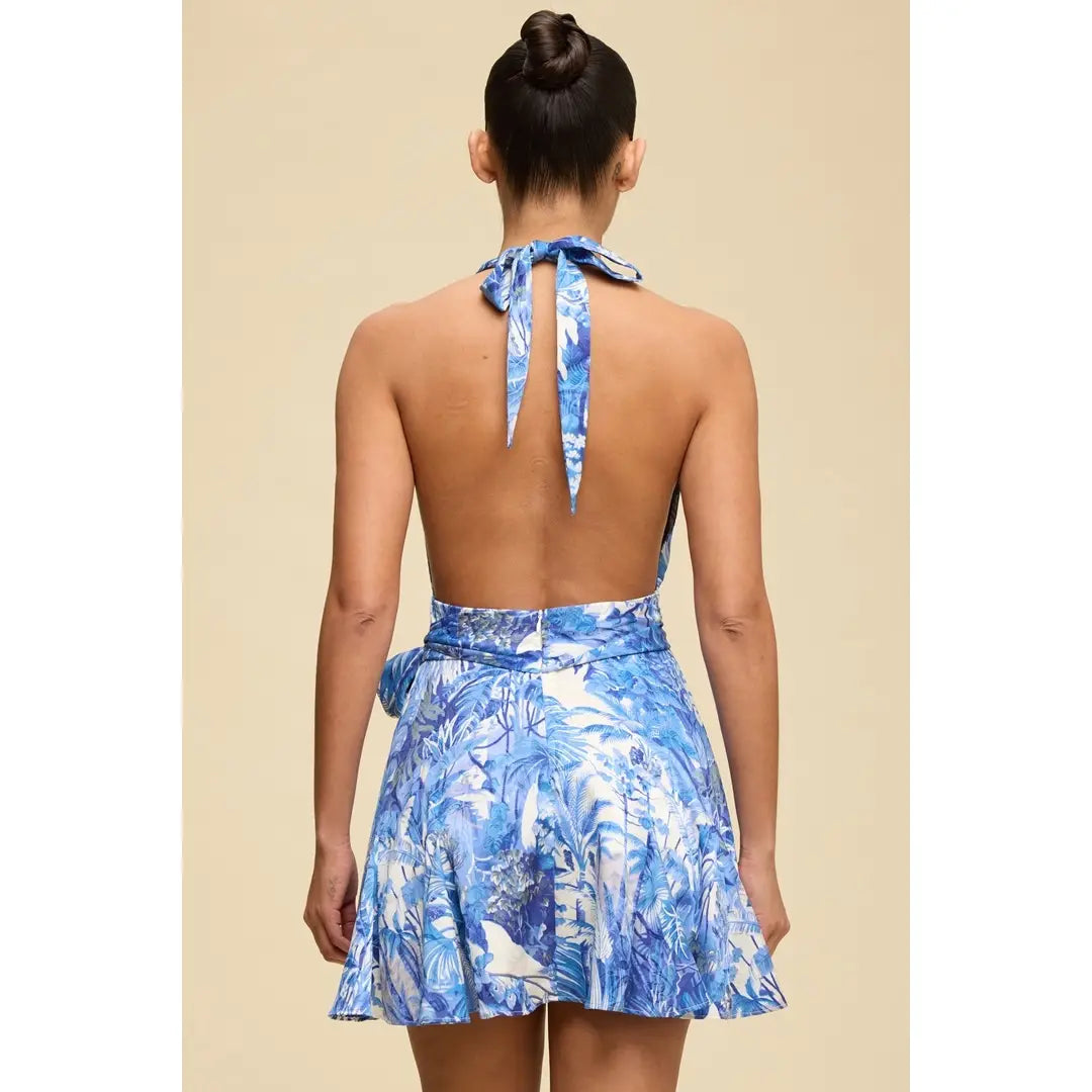 Blue Tropical Print Halter Wrap Mini Dress