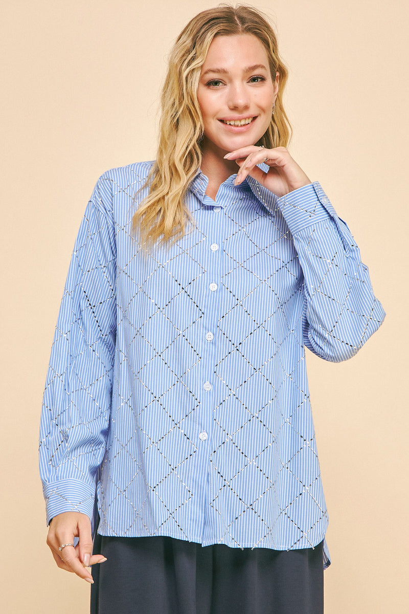 STRIPED LONG SLEEVE LOOSE FIT BUTTON DOWN SHIRT BLUE