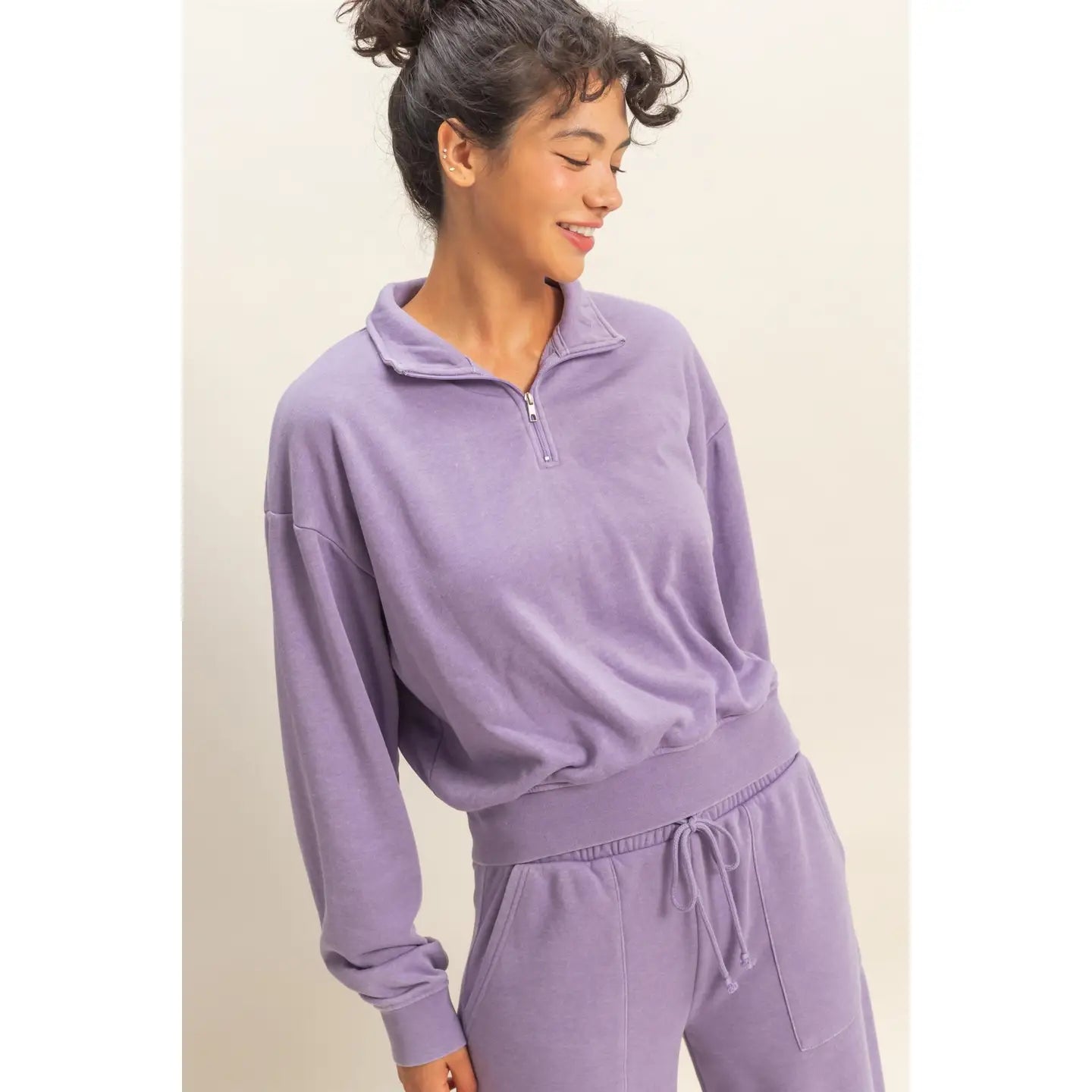 Purple Relaxed Quarter Zip Pullover Top