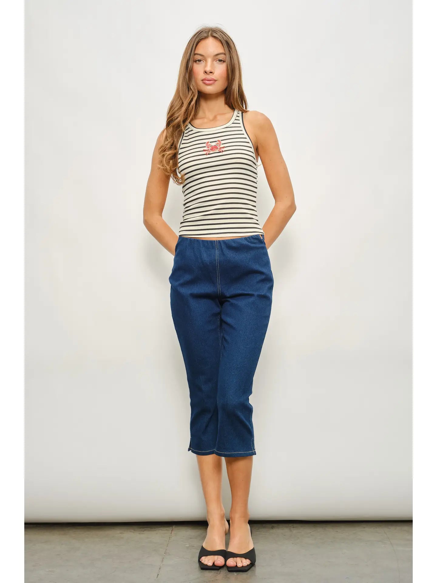Striped Ribbed Tank Top with Embroidered Crab Detail