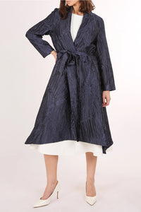 Blue Textured Belted Midi Coat