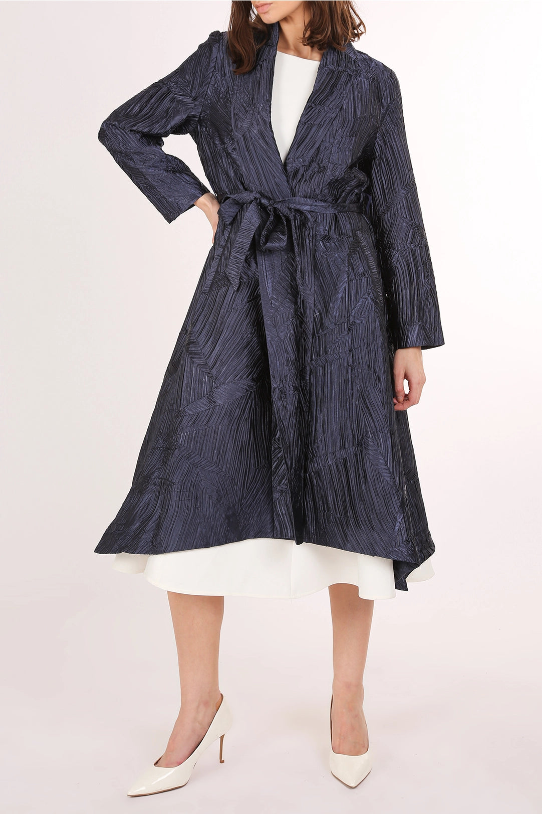 Blue Textured Belted Midi Coat