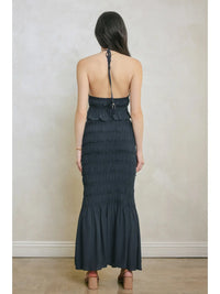 Navy Blue Smocked Mermaid Maxi Skirt with Drawstring Waist