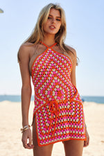 LAYERED WRAP TIED WAIST CROCHET DRESS COVER UP