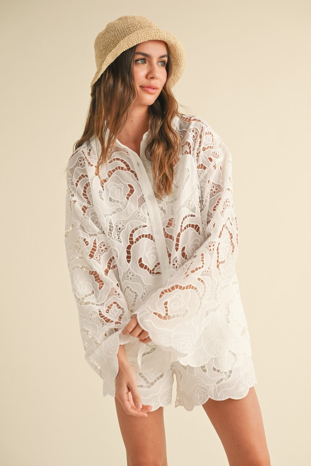 White Sheer Lace Button Down Shirt