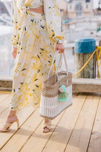 Natural Woven Straw Tote Bag with White Stripe and Tassel Charm