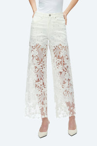 White Wide Leg Jeans with Sheer Floral Lace Panels