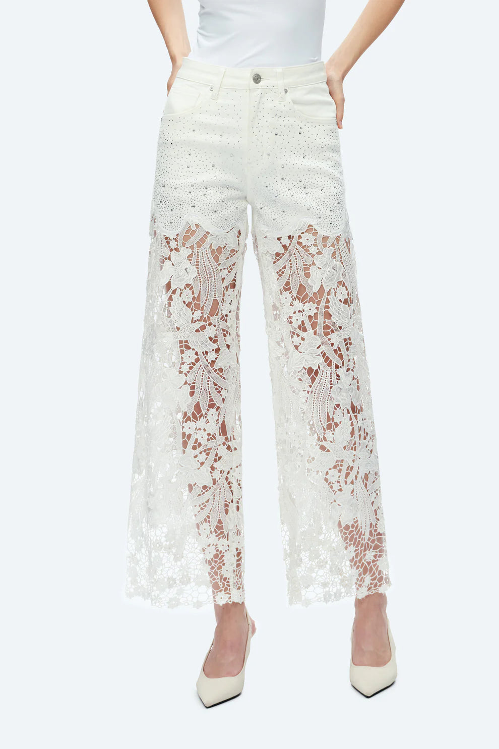 White Wide Leg Jeans with Sheer Floral Lace Panels