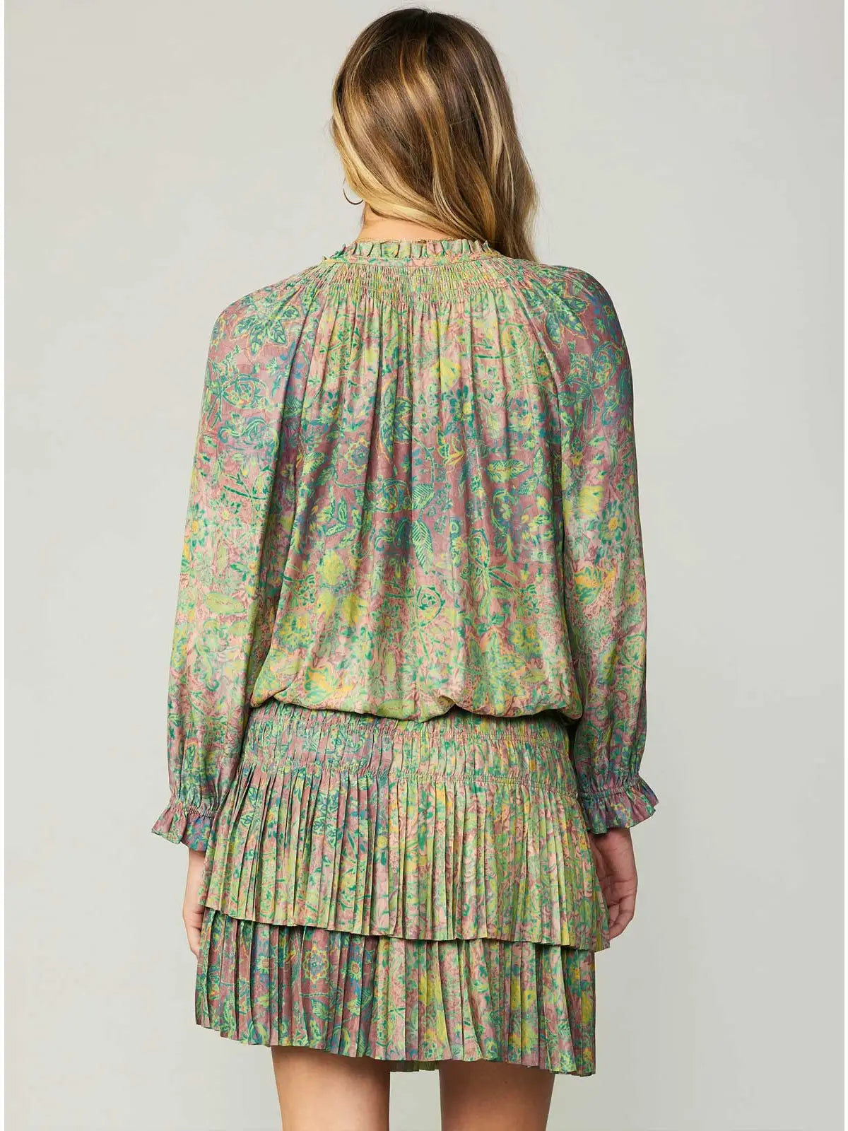 Floral Print Pleated Tiered Mini Dress with Smocked Waist