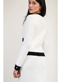Chic White and Black Trim Cropped Knit Cardigan Top