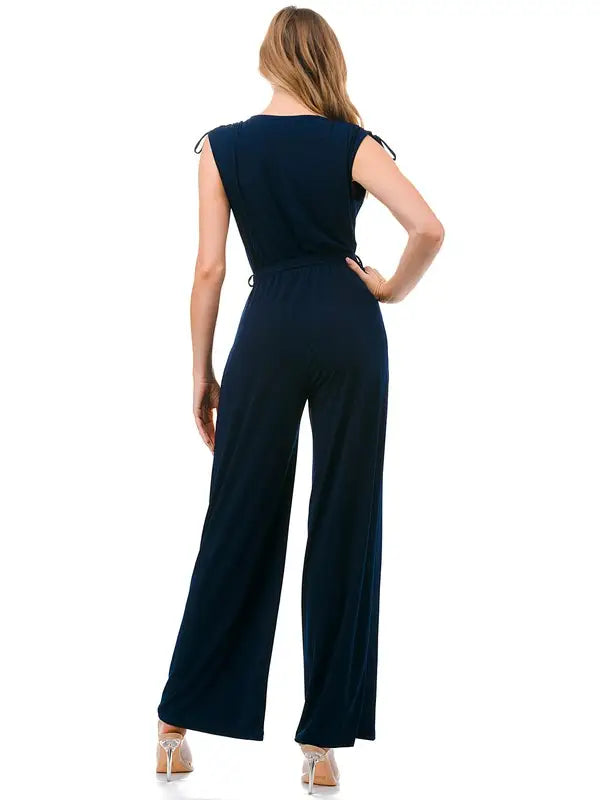 Navy Surplice Front Waist Tie Wide Leg Jumpsuit