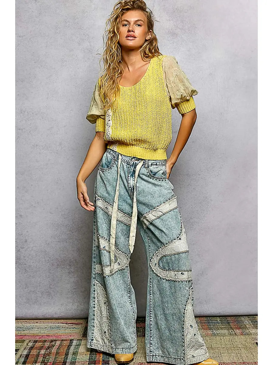 Boho Patchwork Lace Wide Leg Denim Pants