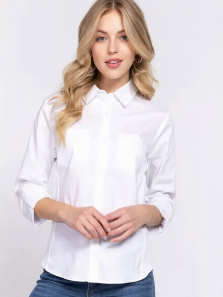 Plus Size Classic White Button-Up Collared Shirt Top