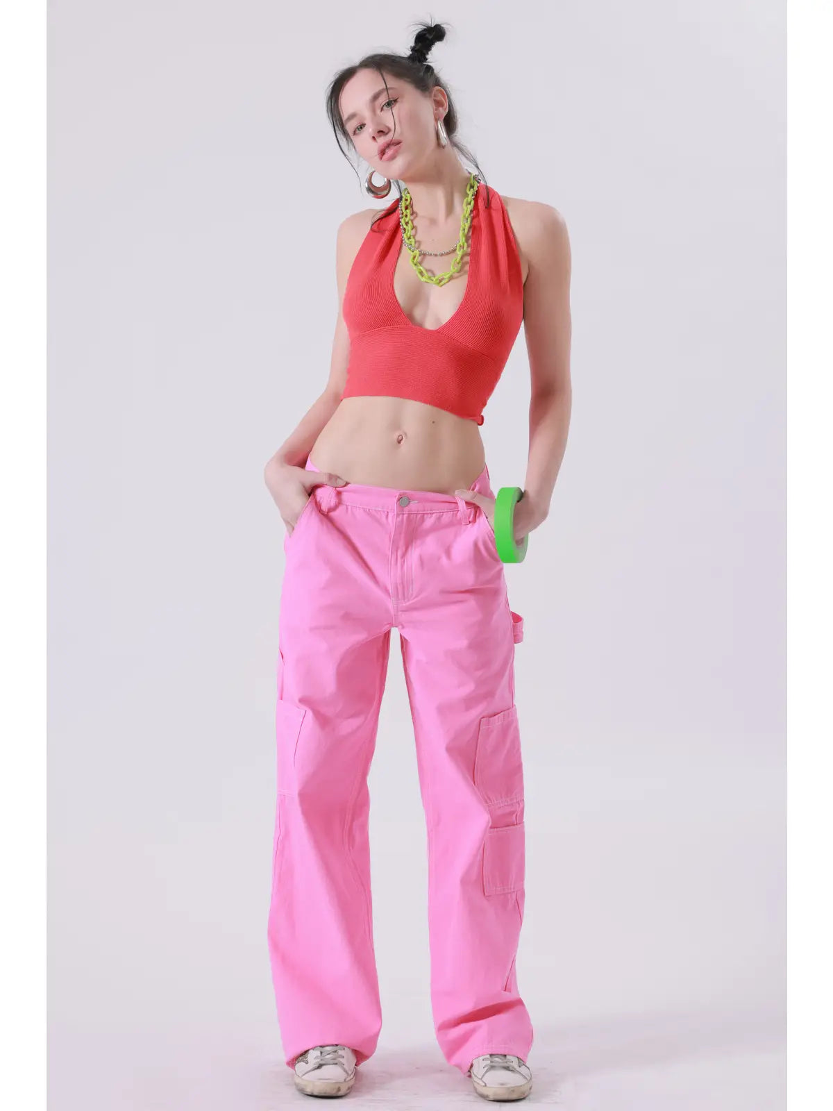 Orange Ribbed Halter Neck Crop Top with Deep V Neckline