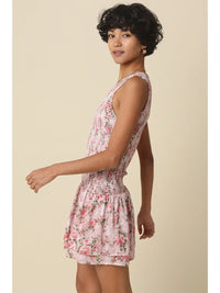 Smocked Floral Mini Dress with Ruffle Hem and Sleeveless V-Neck Design