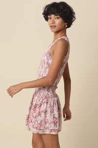 Smocked Floral Mini Dress with Ruffle Hem and Sleeveless V-Neck Design