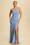 Ruched Halter Neck Slit Maxi Dress in Dusty Blue