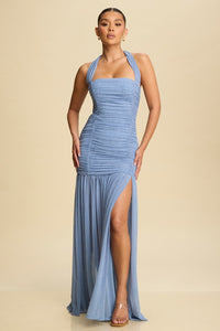 Ruched Halter Neck Slit Maxi Dress in Dusty Blue