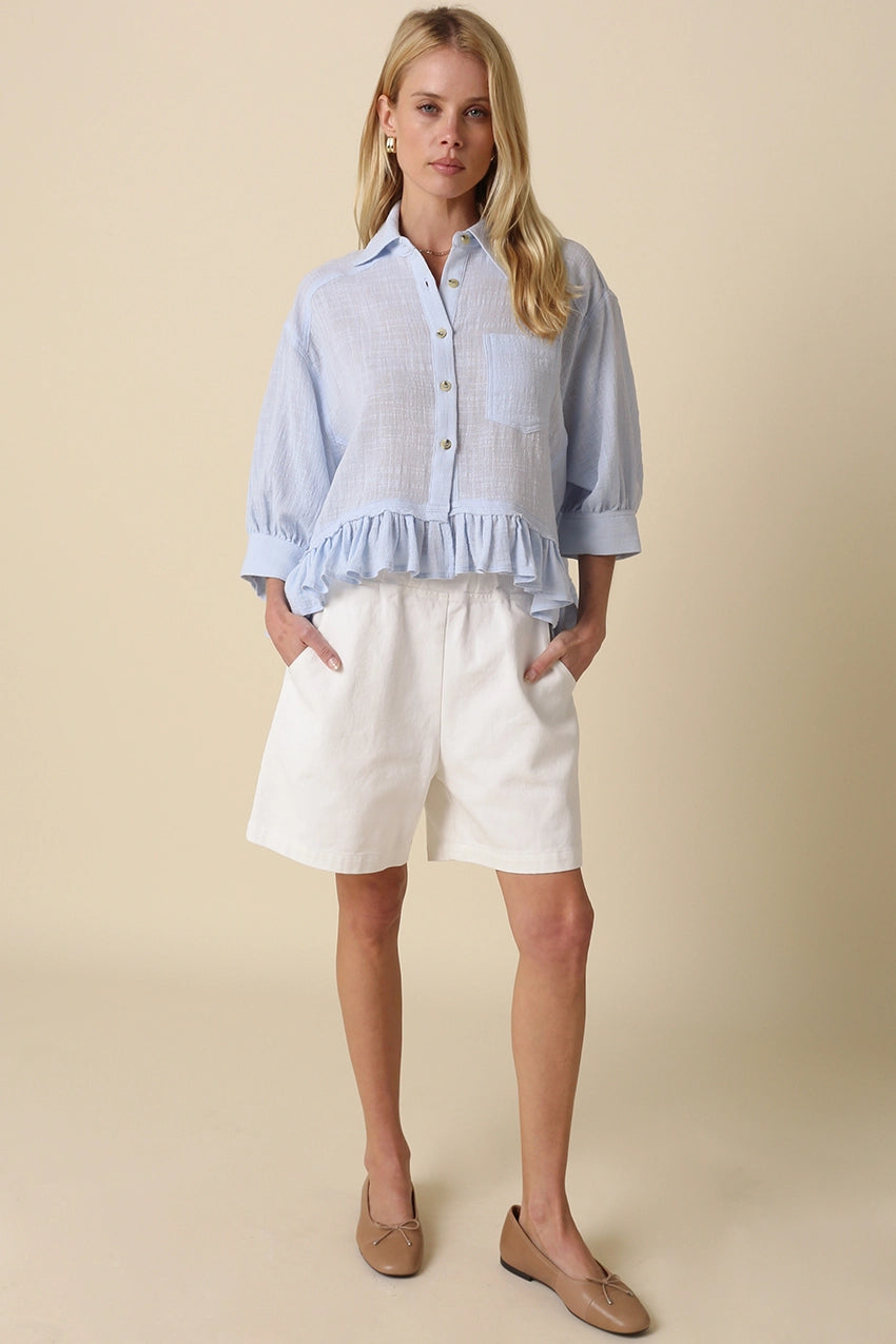 Lightweight Ruffle Hem Button-Up Blouse with Puff Sleeves in Blue