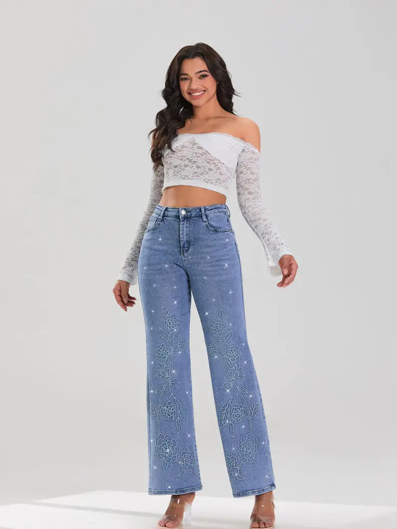 High Waist Rhinestone Floral Embroidered Flare Jeans