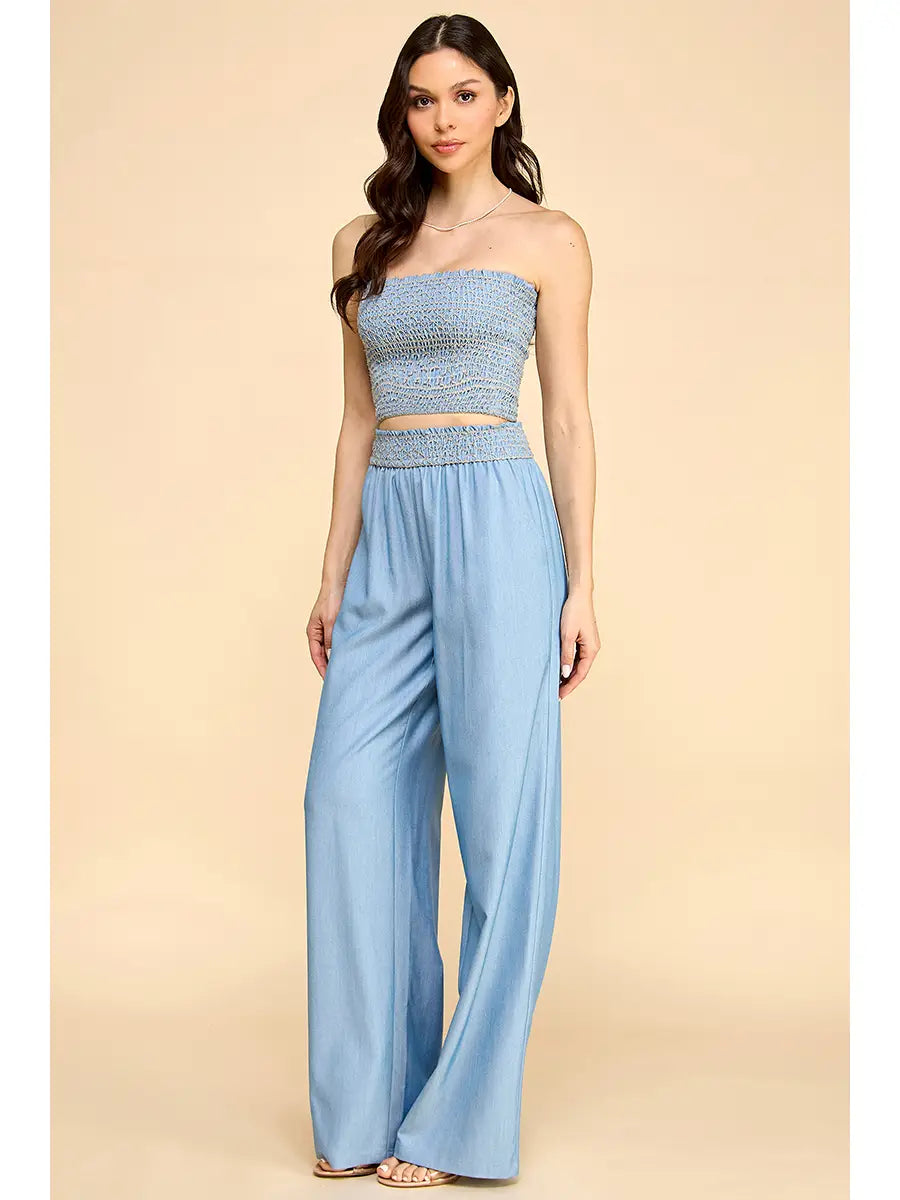 Smocked Strapless Crop Top and Wide Leg Pants Set