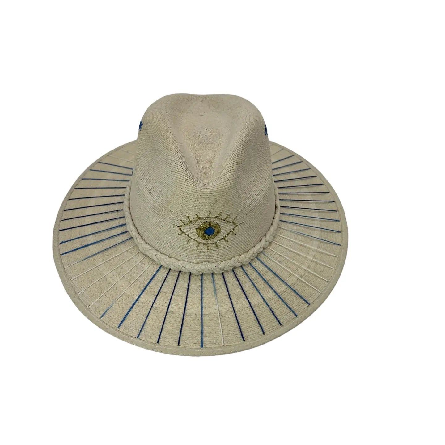 Straw Wide Brim Hat with Embroidered Evil Eye Detail