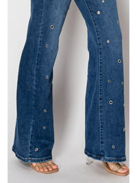 Grommet Studded Flare Denim Pants