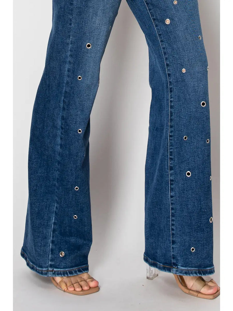 Grommet Studded Flare Denim Pants
