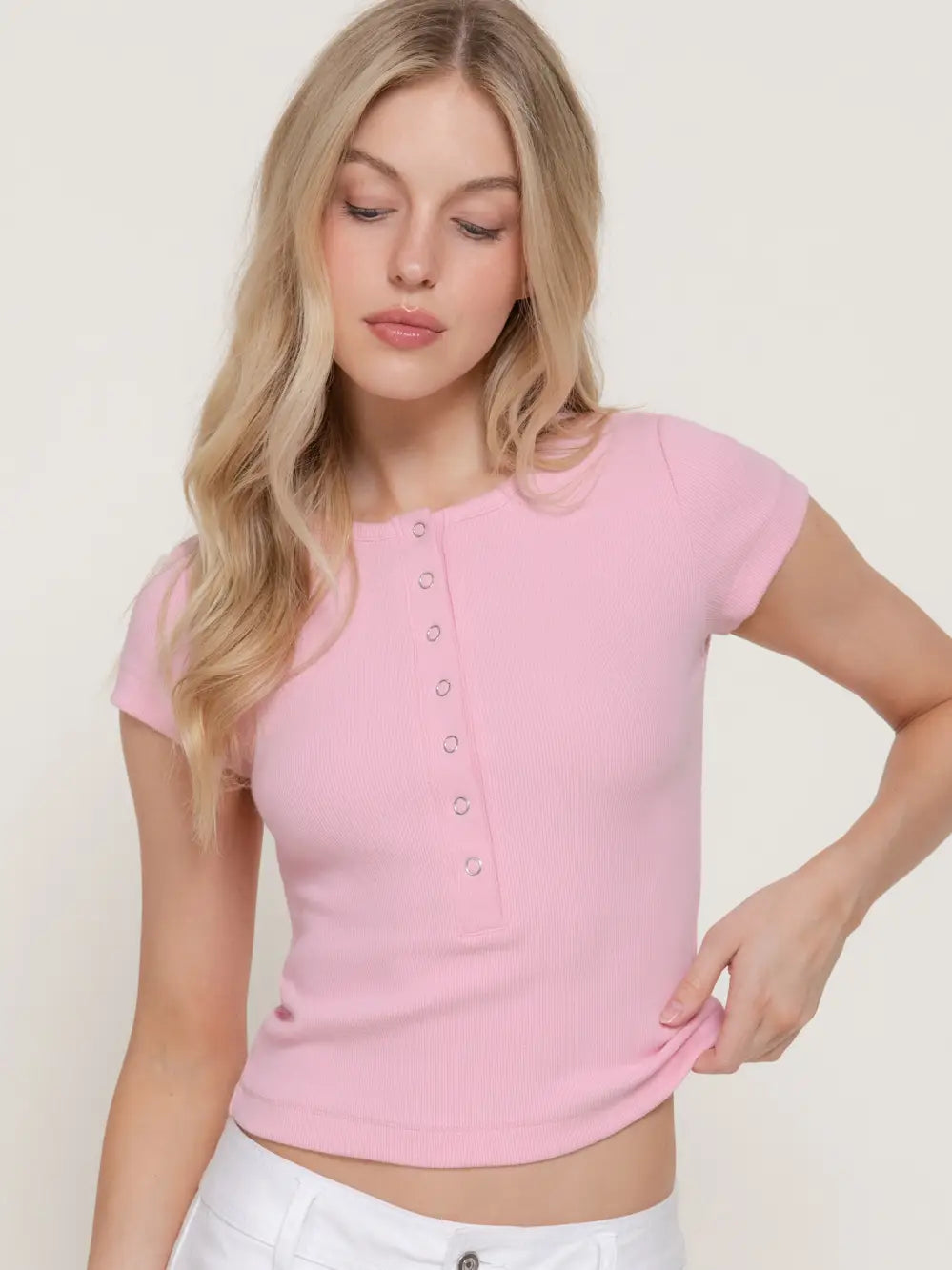 Ribbed Pink Henley Short Sleeve Fitted Crop Top