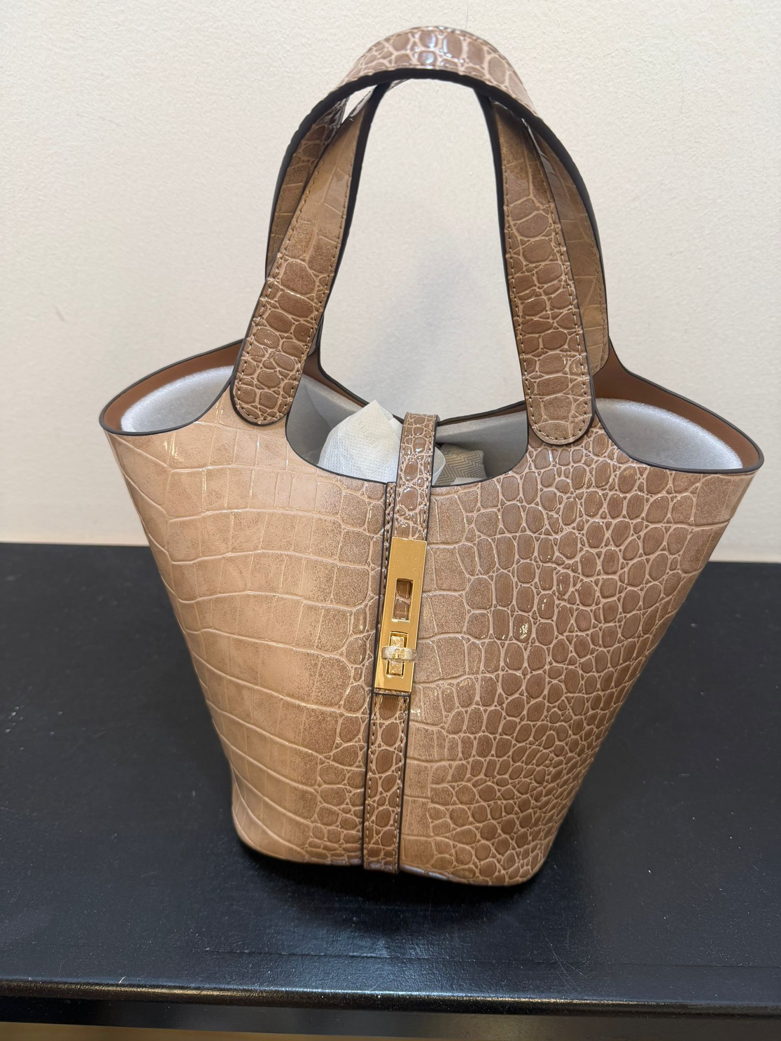 Croc Embossed Structured Top Handle Tote Bag