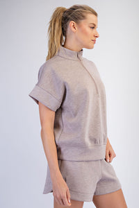 Nude Short Sleeve Quarter Zip Mock Neck Lounge Pullover